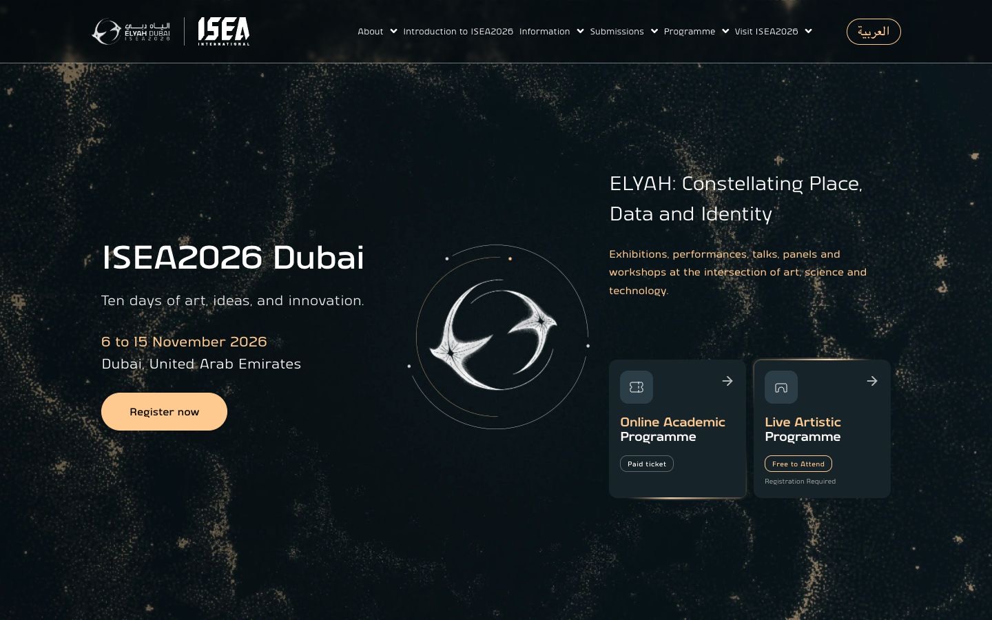 ISEA2026 Dubai: the live site on desktop