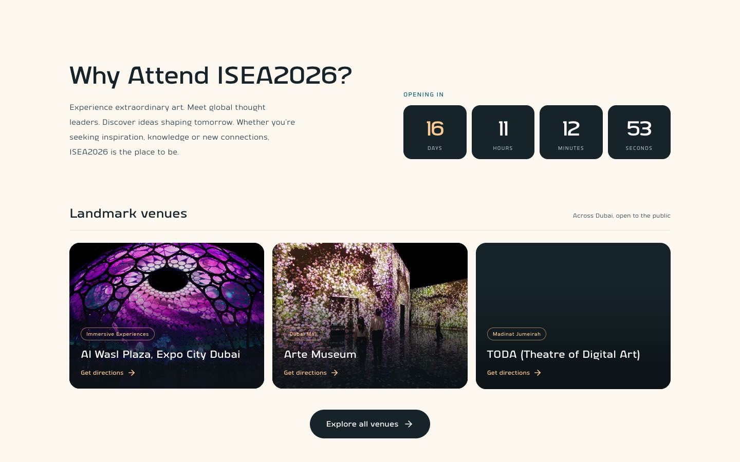 ISEA2026 Dubai: the live site on desktop