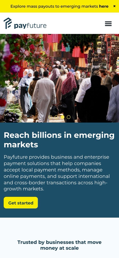 PayFuture: the live site on a phone